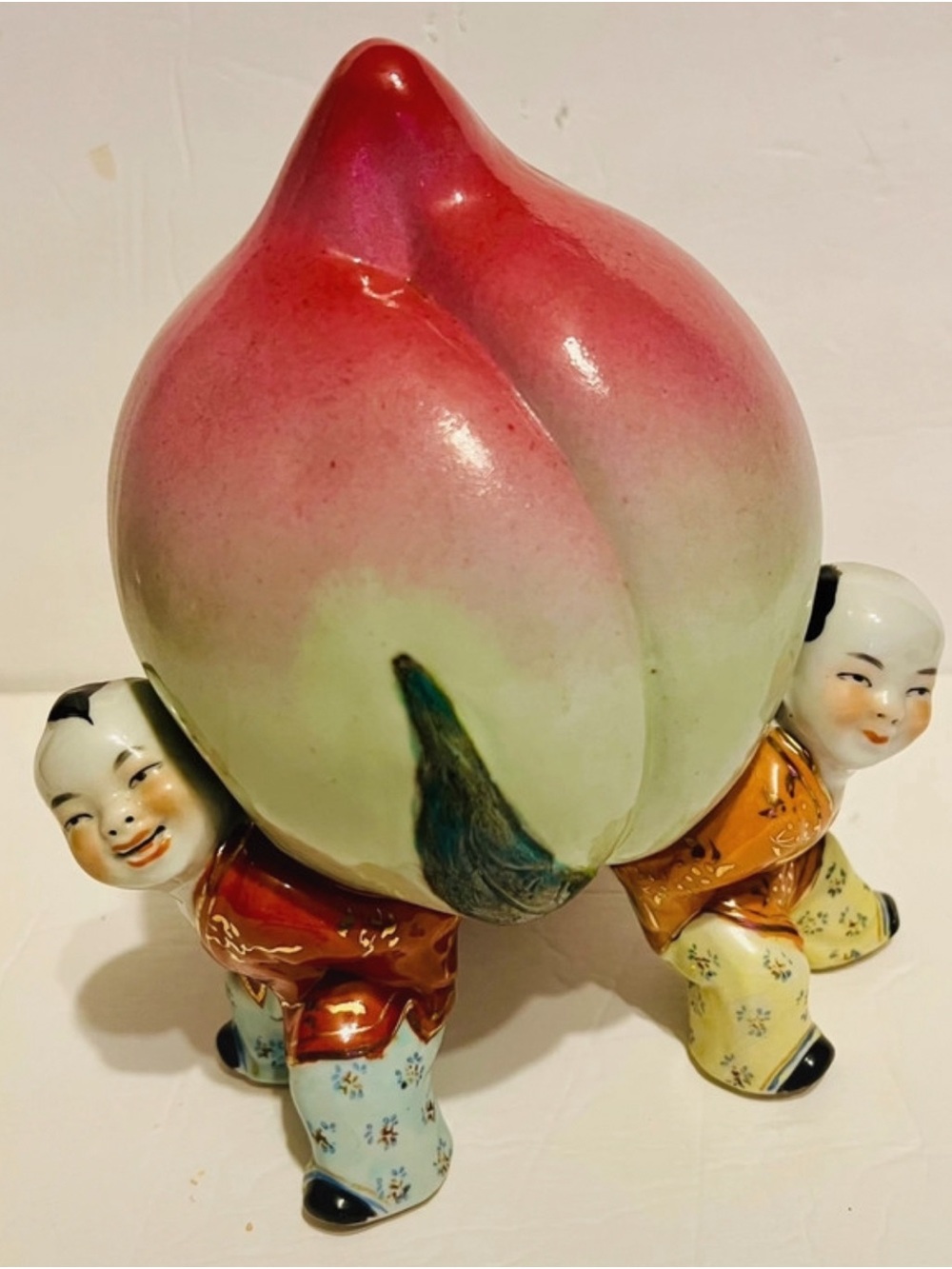 Porcelain Peach Figurine with Children - Pink and Green